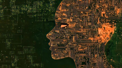 Poster - AI face profile, digital technology, circuit board.
