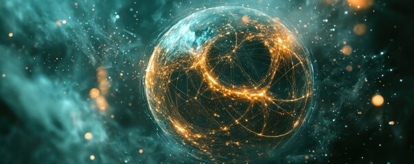 Poster - Glowing abstract sphere with interconnected lines in cosmic space