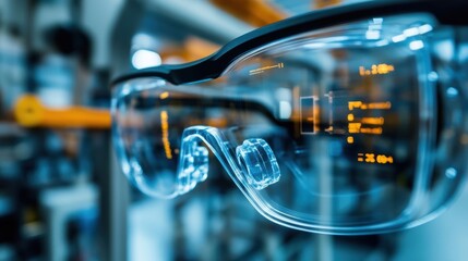 Poster - smart glasses are showing data and information in augmented reality inside a modern factory, revolut