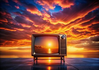 Poster - Silhouette of Vintage CRT Part Against Sunset, Retro Technology Background