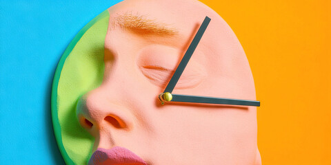 Poster - Sculpted Face Clock with Teal Hands on Blue and Orange Background