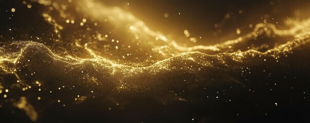 Poster - Golden abstract wave of light particles on dark background