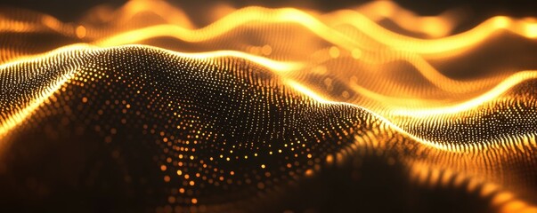 Poster - Glowing abstract golden waves of light and dots forming a dynamic futuristic landscape