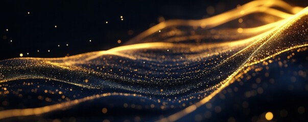 Poster - Glowing golden waves on dark background with sparkling particles
