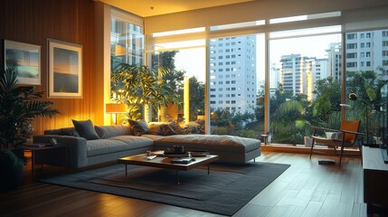 Poster - Cozy home evening glow urban apartment interior photography warm light with led features eye level view inviting ambiance