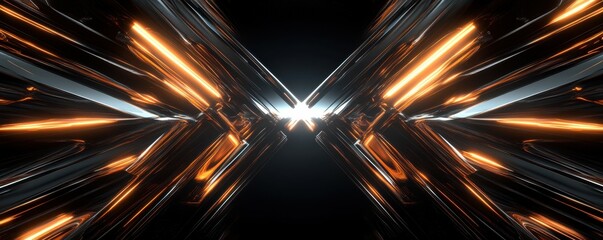 Poster - Futuristic symmetrical neon light burst with metallic structures