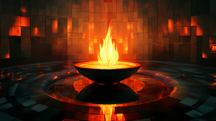 Wall Mural - Glowing eternal flame surrounded by reflective tiles, radiating warmth and light in dark, serene atmosphere. Eternal Flame. Illustration