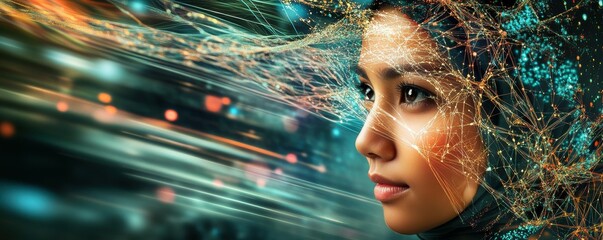 Aufkleber - Futuristic female with digital network and light trails - conceptual art