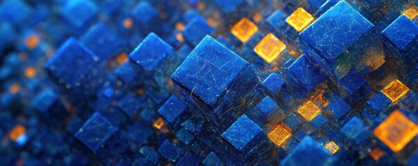 Poster - Abstract geometric blue and orange cubes with digital texture