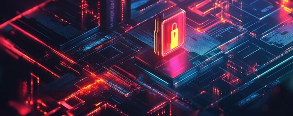 Poster - Futuristic circuit board with glowing security lock symbol