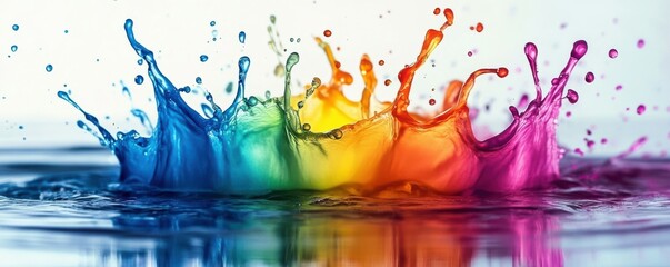 Poster - Vibrant multicolored paint splashes merging in water reflection
