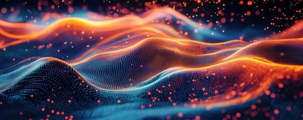 Poster - Vibrant digital waves with glowing particles in neon colors