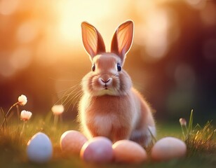 Wall Mural - Easter, Easter bunny sits in the grass between colorful, pastel-colored eggs, some of which are in a nest.