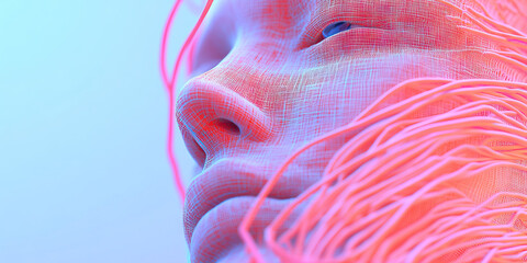 Poster - Digital Render: Mesh Face with Pink Filament Network