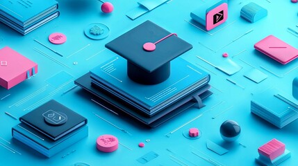 Poster - Colorful digital representation of education and achievement with books and graduation cap on vibrant blue background. Generative AI