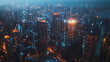 © Teeraphon - Smart digital Innovation city with connection network reciprocity over the twilight cityscape. of future smart wireless digital city and social media networking systems that connects people with  city