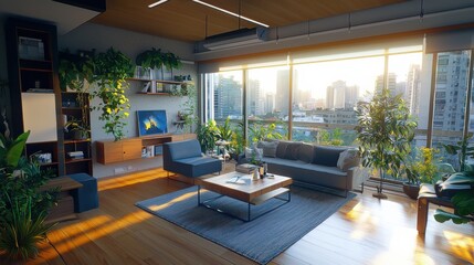 Poster - Cozy home evening scene with led-enhanced decorative features urban apartment interior design warm light eye level view