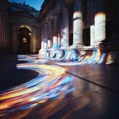 Poster - Colorful light projections dancing on architecture art installation indoor gallery modern environment wide angle view ephemeral art concept