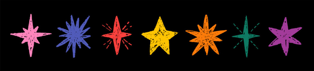 Aufkleber - Chalk star on chalkboard. Blackboard with doodle vector star. Crayon sketch, hand drawn kid art. Christmas, Birthday scribble. Color icon on chalk board bg. Space pattern, pastel blackboard background