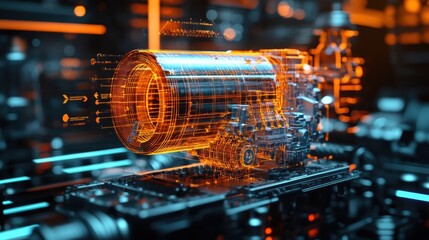 Poster - Complex digital engine rotating and glowing orange with data flowing through it, showcasing advanced technology and innovation in a dark, futuristic setting