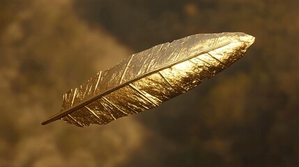 Poster - Golden feather floating gracefully against a warm golden background during sunset. Generative AI