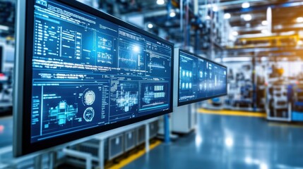 Poster - Large computer screens displaying data, charts, and diagrams for real time monitoring and control of industrial processes in a high tech factory, boosting efficiency and productivity