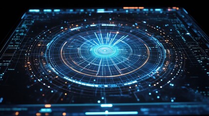 Poster - Futuristic heads up display - hud - interface showcasing complex data analysis with glowing blue and orange lines, circles, and digital information, creating a technological and futuristic atmosphere