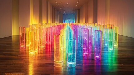 Poster - Colorful cylindrical light installation creates a vibrant pathway in a spacious modern gallery. Generative AI