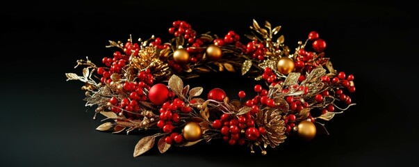 Festive holiday wreath with red and gold decorations on black background