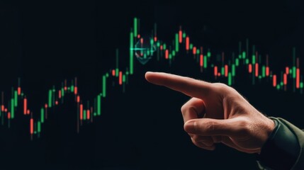 Canvas Print - Hand pointing at a cryptocurrency price chart showing growth.