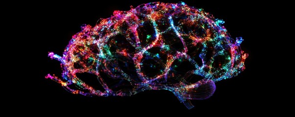 Poster - Vibrant neural network brain visualization with multicolored lights on black background