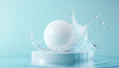 Poster - Refreshing Pure White Ball Podium And Water Splash Blue: Ideal Rendered Display Platform For Cosmetics, Products, Or Presentations.