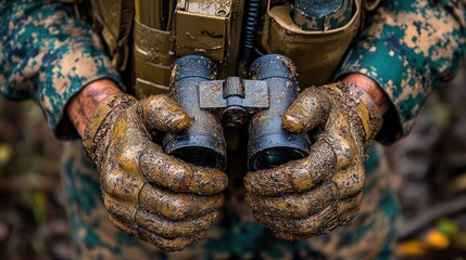 Soldier's muddy hands hold binoculars, jungle background, reconnaissance mission