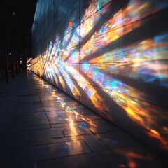 Poster - Ephemeral art installation featuring colorful light projections on urban wall cityscape visual art nighttime vibrant concepts