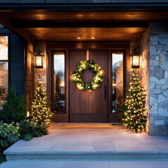 Poster - Colorful holiday wreaths adorning a rustic door at dusk highlighting seasonal cheer in soft lighting realistic gigapixel capture