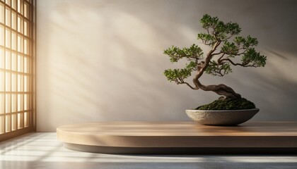 Poster - Nature-Inspired Japanese Decorative Product: Brown Light Podium And Bonsai Tree For Stunning Product Presentations, Rendered In High Quality.