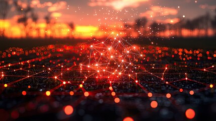 Poster - Illuminated Network Structure Against Sunset Landscape
