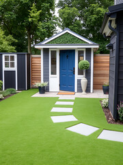 Wall Mural - elegant home exterior yard with vibrant faux grass, a stylish dark-hued outbuilding with white edging and a serene blue doorway, complemented by timber walls and decorative plants