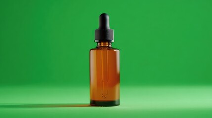 Amber bottle with dropper on green background for cosmetic product