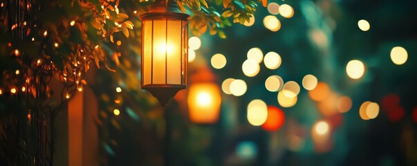 Poster - Warm lanterns and bokeh lights create enchanting evening ambiance