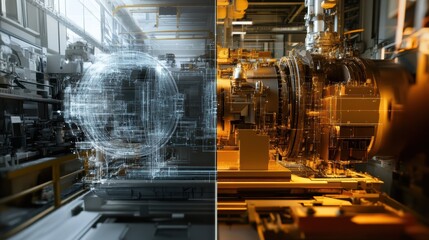 Poster - Complex industrial machine being projected in augmented reality over a real factory setting, showcasing the potential of ar in manufacturing and design