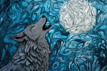 A stylized wolf howls at the moon, depicted in a swirling, abstract blue and white background.