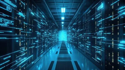 Poster - Data streams are flowing through server racks with futuristic digital light trails visualizing the concept of big data, cloud computing, and the internet of things