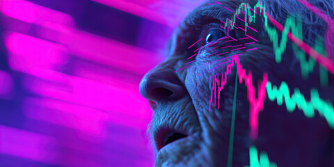 Poster - Elderly Person's Face Overlaid with Stock Market Graph Data