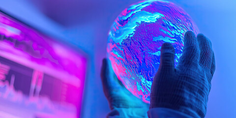 Poster - Gloved Hands Holding Illuminated Globe with Textured Surface