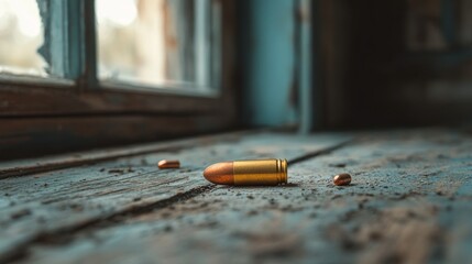 Wall Mural - Abandoned building, bullet casing, window light, crime scene, evidence