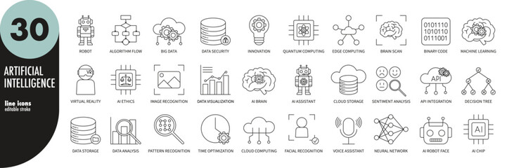 artificial intelligence, machine learning, ai, neural networks editable stroke thin line icons set. 