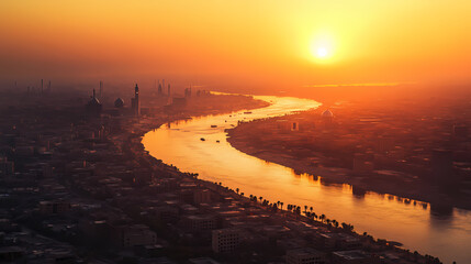 Poster - A panoramic view of baghdad's skyline at sunset, with the tigris river reflecting the golden light. Golden Horizon. Illustration