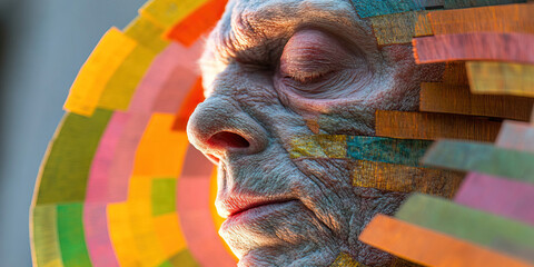 Poster - Elderly Person's Profile with Multicolored Wood Veneer Arrangement