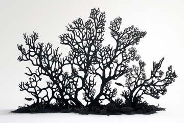 Fototapete - Intricate black silhouette of an underwater coral reef scene, showcasing its complex structure and small fish.
